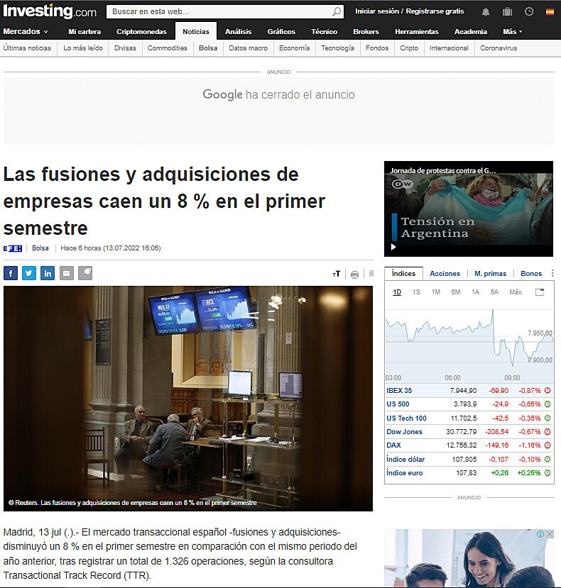 Las fusiones y adquisiciones de empresas caen un 8 % en el primer semestre